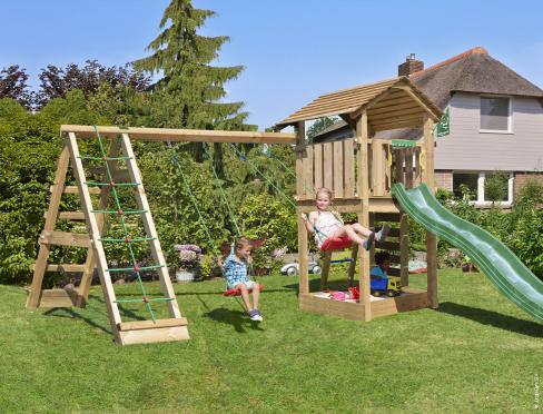 Jungle Cottage | Aire de jeux en bois avec balançoires et filet d'escalade