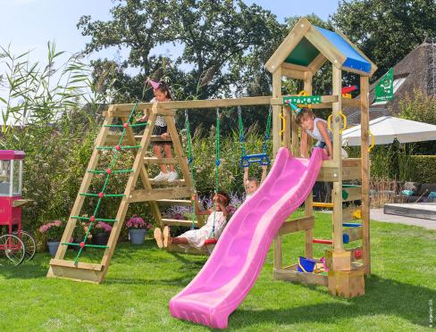 Jungle Patio | Aire de jeux en bois avec balançoires & filet d'escalade