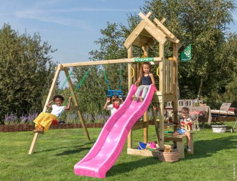 Jungle Pavillon | Aire de jeux en bois avec balançoires et filet d'escalade