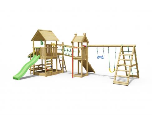 Jungle Pavillon | Aire de jeux en bois avec balançoires et filet d'escalade